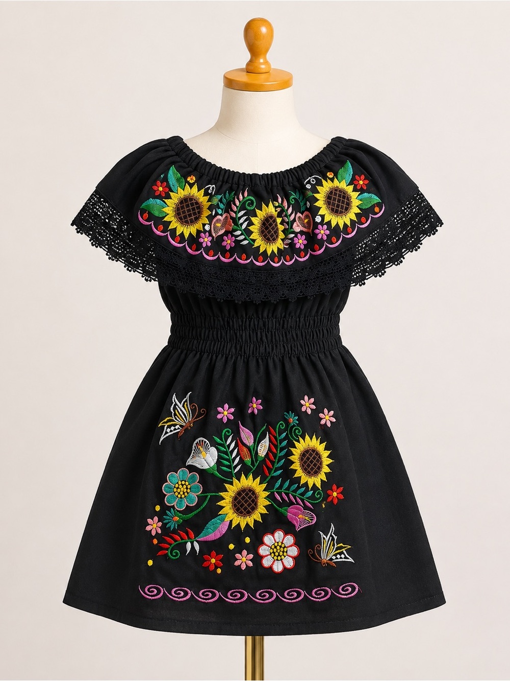 Black Embroidered Sunflower Off-Shoulder Kids Dress